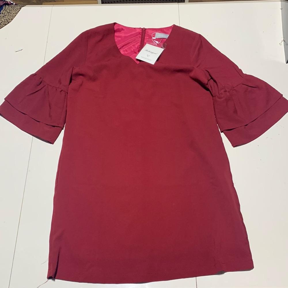 Belongsci Womens V neck Bell Sleeve Mini Dress 8817 Size M red/ maroon zip back